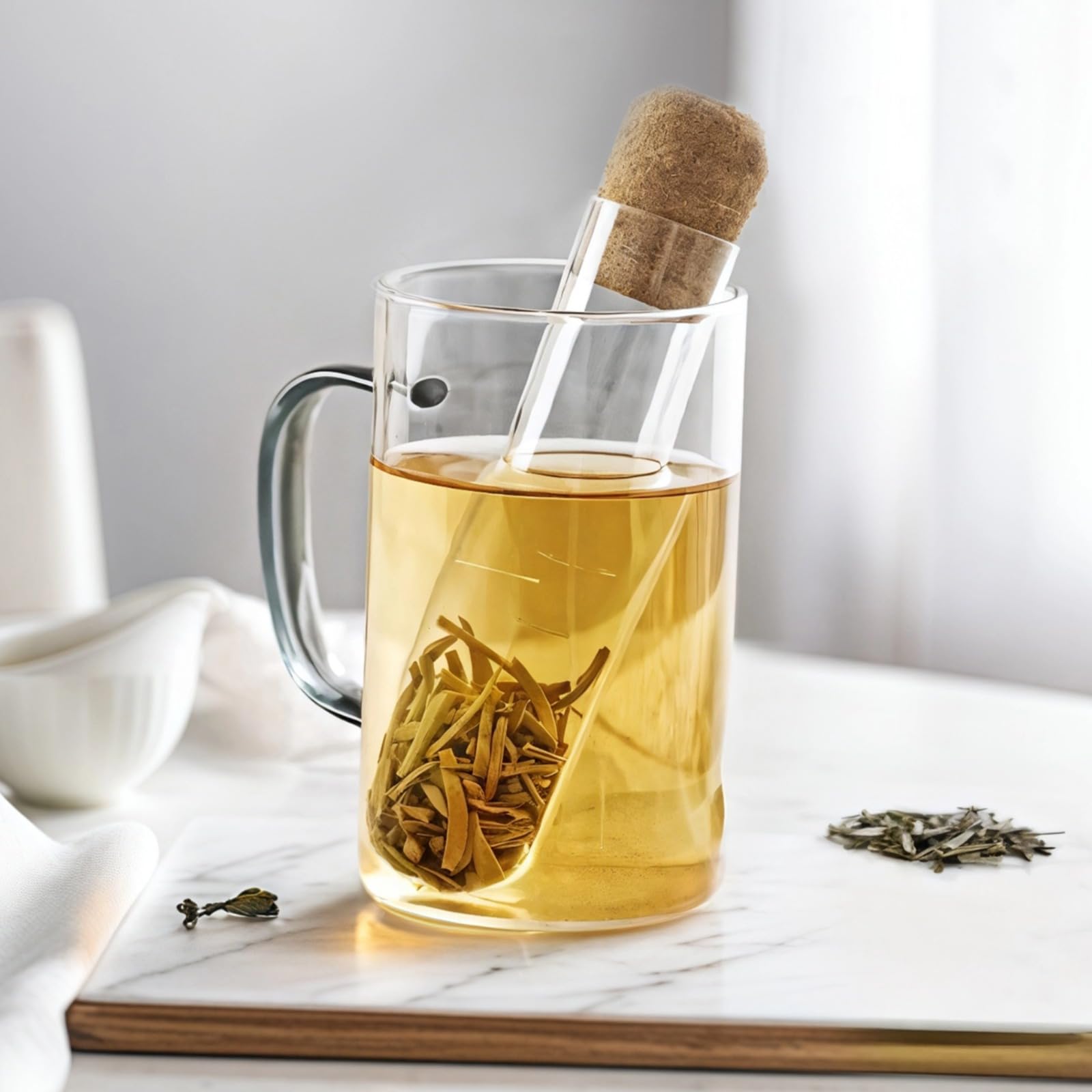 Filtro de té de cristal para té suelto, mini colador para una taza, vidrio de borosilicato sin plomo con tapa de corcho, juego de 6 unidades para el hogar y la oficina, adecuado para té, café y frutas