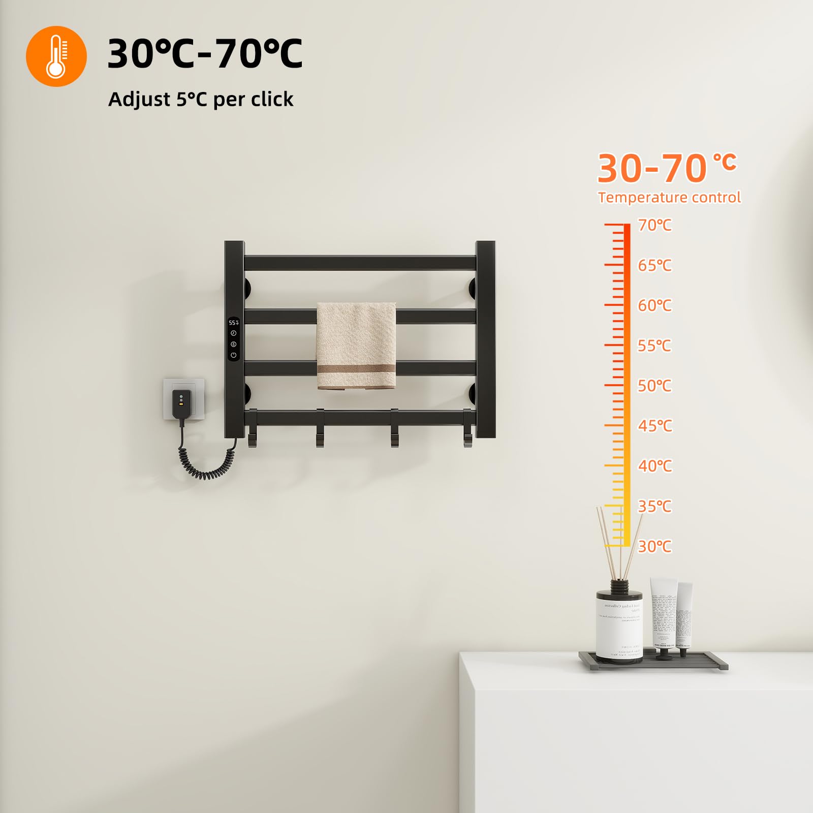 Radiador de Toallas 550x350mm Toallero Eléctrico Bajo Consumo Secador de Toallas Radiador Toallero eléctrico Inteligente, IP24, Temperatura Ajustable 30 ℃-70 ℃, 1-9 Horas de Tiempo-Black Left