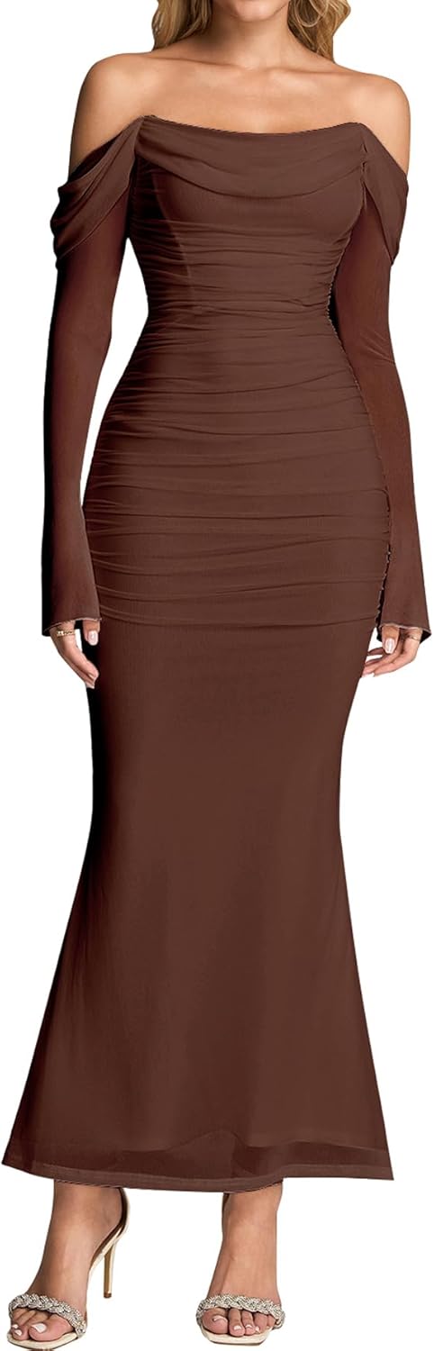 KUTUMAI Off Shoulder Long Sleeve Maxi Dress Corset Bodycon Ruched Cocktail Formal Wedding Guest Dresses for Women