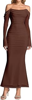 Off Shoulder Long Sleeve Maxi Dress Corset Bodycon Ruched Cocktail Formal Wedding Guest Dresses for Women Fall