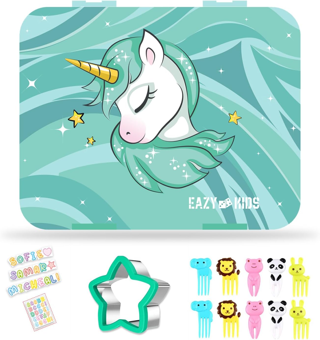 Eazy Kids 6 & 4 Convertible Bento Lunch Box wt Sandwich Cutter Set - Unicorn Green