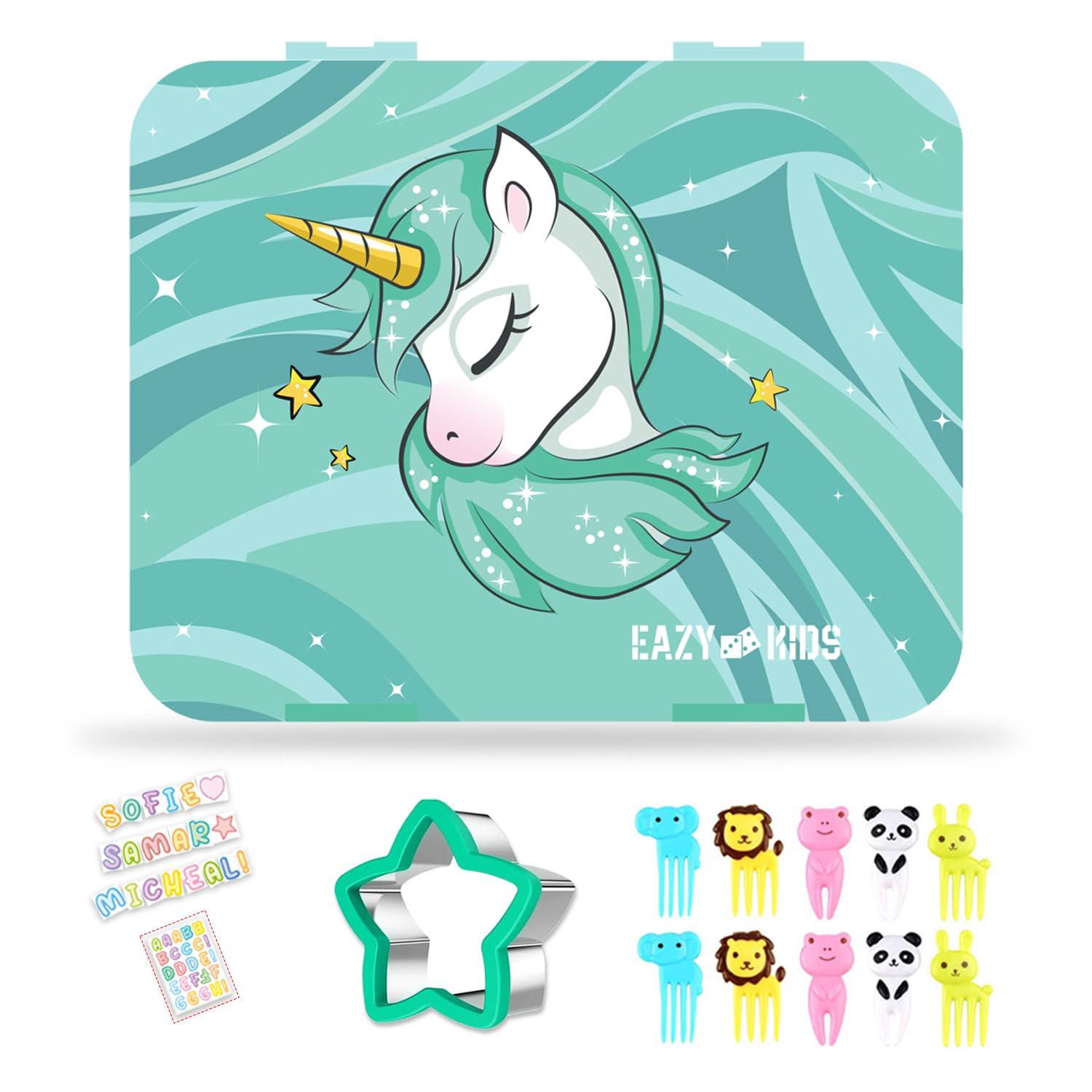Eazy Kids 6 & 4 Convertible Bento Lunch Box wt Sandwich Cutter Set - Unicorn Green