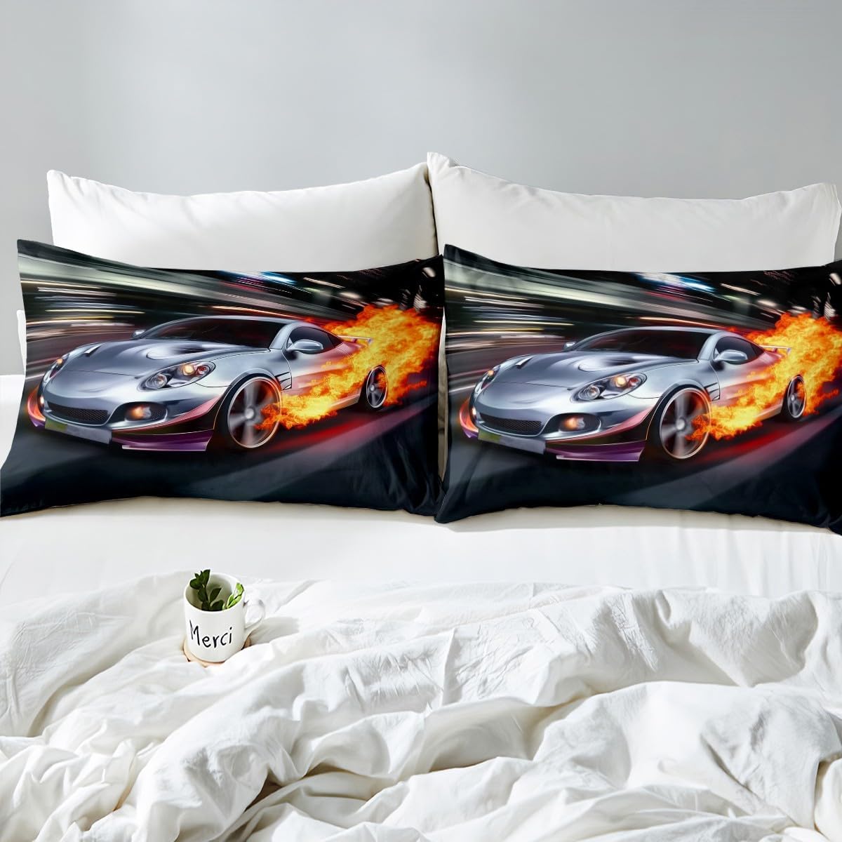 Erosebridal Race Car Duvet Cover Cool Speed Racing Car Comforter Cover Full Size for Kids Boys Teens Adult Automobile Extreme Sport Bedding Set Golden Flame Bedspread Cover with 2 Pillow Cases