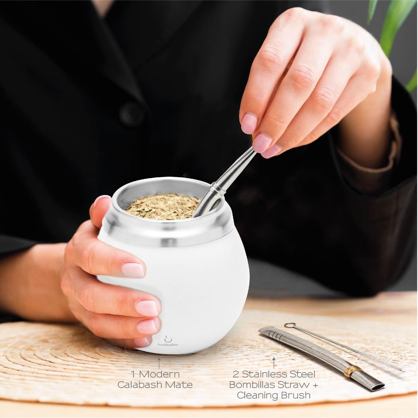 BALIBETOV Kit Yerba Mate - Comprend une Tasse Maté et un Ensemble Bombilla - Gourde en Acier Inoxydable à Double Paroi Thermique et Ensemble Bombilla (Paille à Maté) (Blanc)