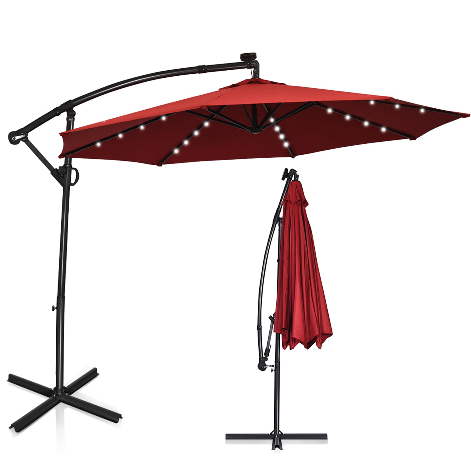 KOMFOTTEU Parasol przeciwsłoneczny LED, parasol ogrodowy z korbą ręczną, parasol tarasowy ze stojakiem, obracany o 360°, składany, pochylony, 300 cm x 230 cm, do ogrodu, na taras, basen, czerwony