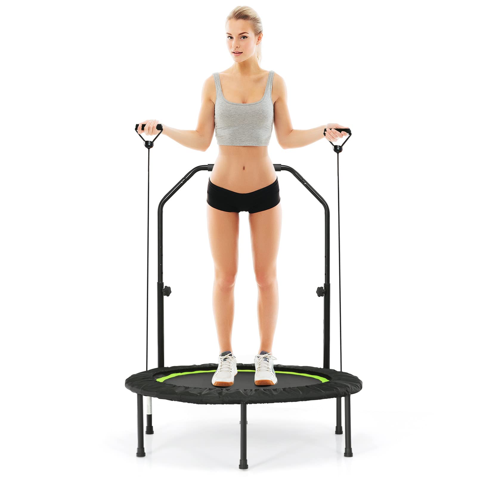 COSTWAY 40" Mini Trampoline, Foldable Fitness Bouncer with 4-Level Adjustable Foam Handle & 2 Resistance Bands, Indoor Outdoor Exercise Rebounder Workout for Kids & Adults (Green + Black)