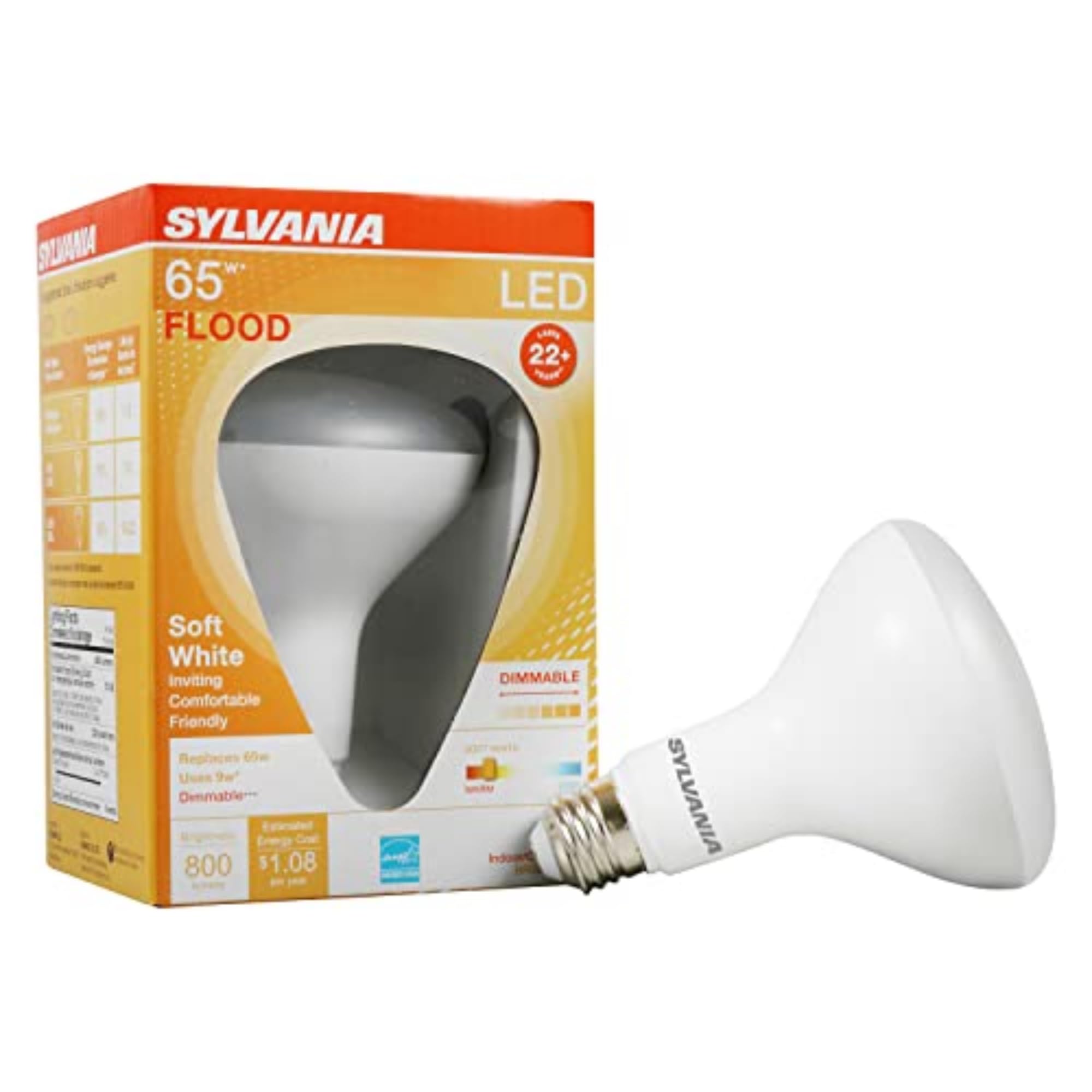 sylvania led flood br30 light bulb, 65w equivalent efficient 9w, medium base, dimmable, 2700k, soft white - 1 pack (40460)
