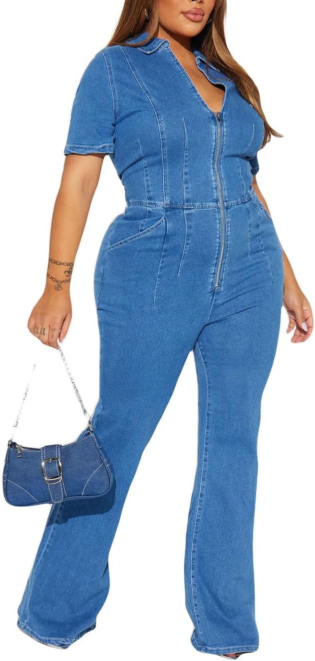 Women's Sexy V Neck Front Zip Closure High Waist Wide Leg Denim Jumpsuits | Stylish Lapel Short Sleeve Wide Straight Leg Full Length Jean Romper Party Office Daily One Piece Outfit