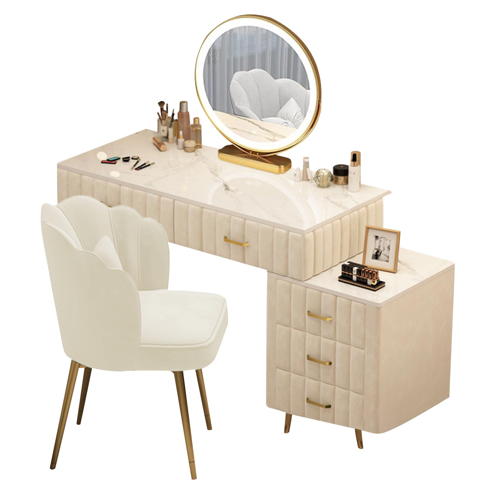 CGCSYZ 3 Color LED Makeup Vanity Set with Mirror Drawer Storage and Chair for Bedroom Elegant White Dressing Table(White-80cm/31.5in)