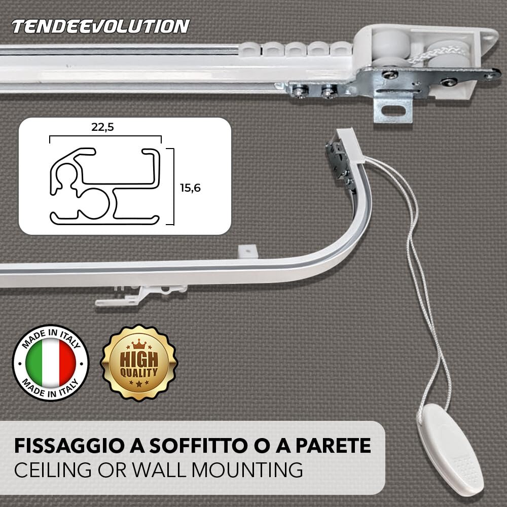 Binario Tenda Soffitto Curvo alle estremità in Alluminio Bianco Personalizzabile, Completo di Accessori per il Fissaggio, Bastone Tende a Soffitto o Parete Scorrevole (170CM APERTURA CENTRALE)