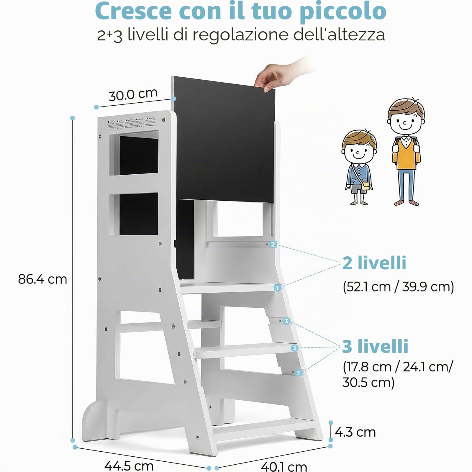 Torre Montessoriana Bambini 3 Livelli Regolabili Altezza Lavagna Magnetica Rimovibile Bianco