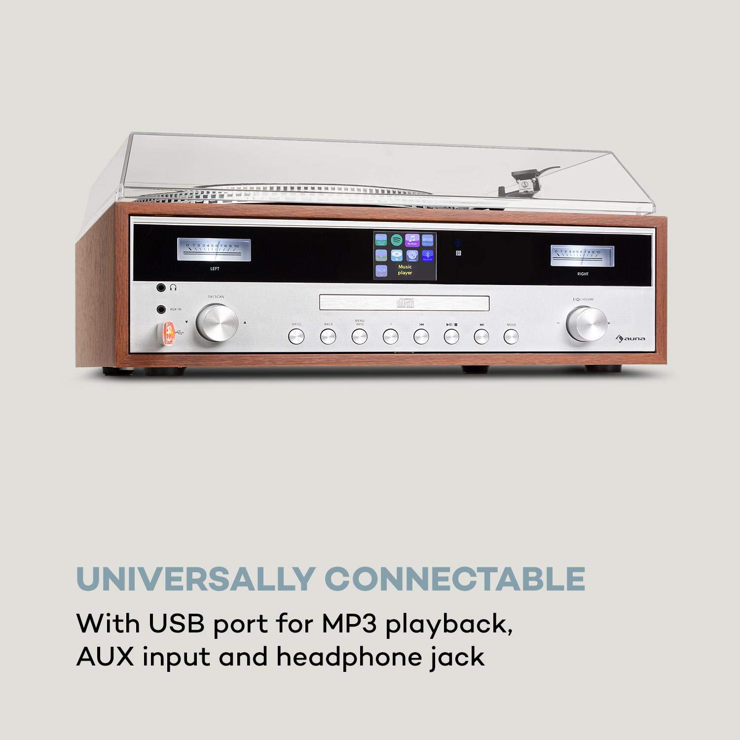 auna Birmingham chaîne Hi-FI stéréo :Tuner Radio Internet/Dab+/FM, 2 Haut-parleurs de 50W, Fonction Bluetooth, Platine, entraînement par Courroie 33 et 45 TR/Min, Lecteur CD, Port USB,Bois