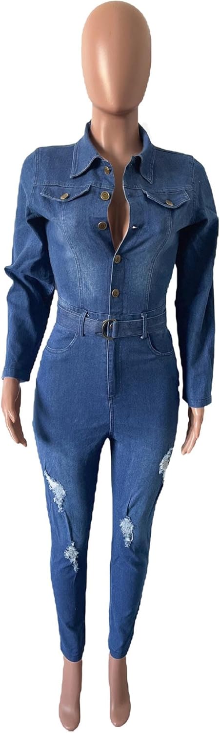 Sexyshine Women's Button Down Slim Fit Denim Jumpsuit Lapel Long Sleeve Bodycon Full Length Jeans Rompers Overalls