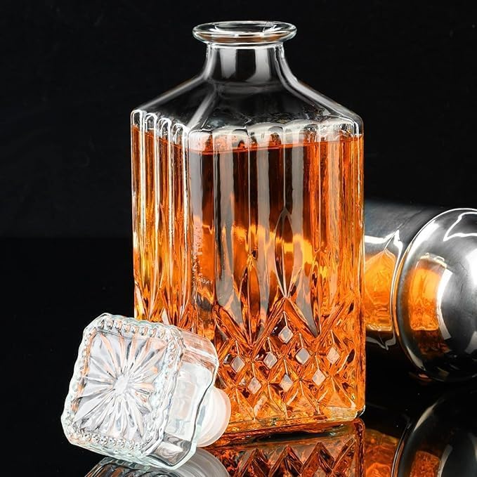 Image of WEZOSHINET 1 Litre Whiskey Bottle Decanter for Whisky Scotch, Liquor, Vodka, Wine or Bourbon | Irish Cut | Food Grade Bpa Free | Airtight Cap with Silicon Grip (1000 ML Wine Decanter) - Glass