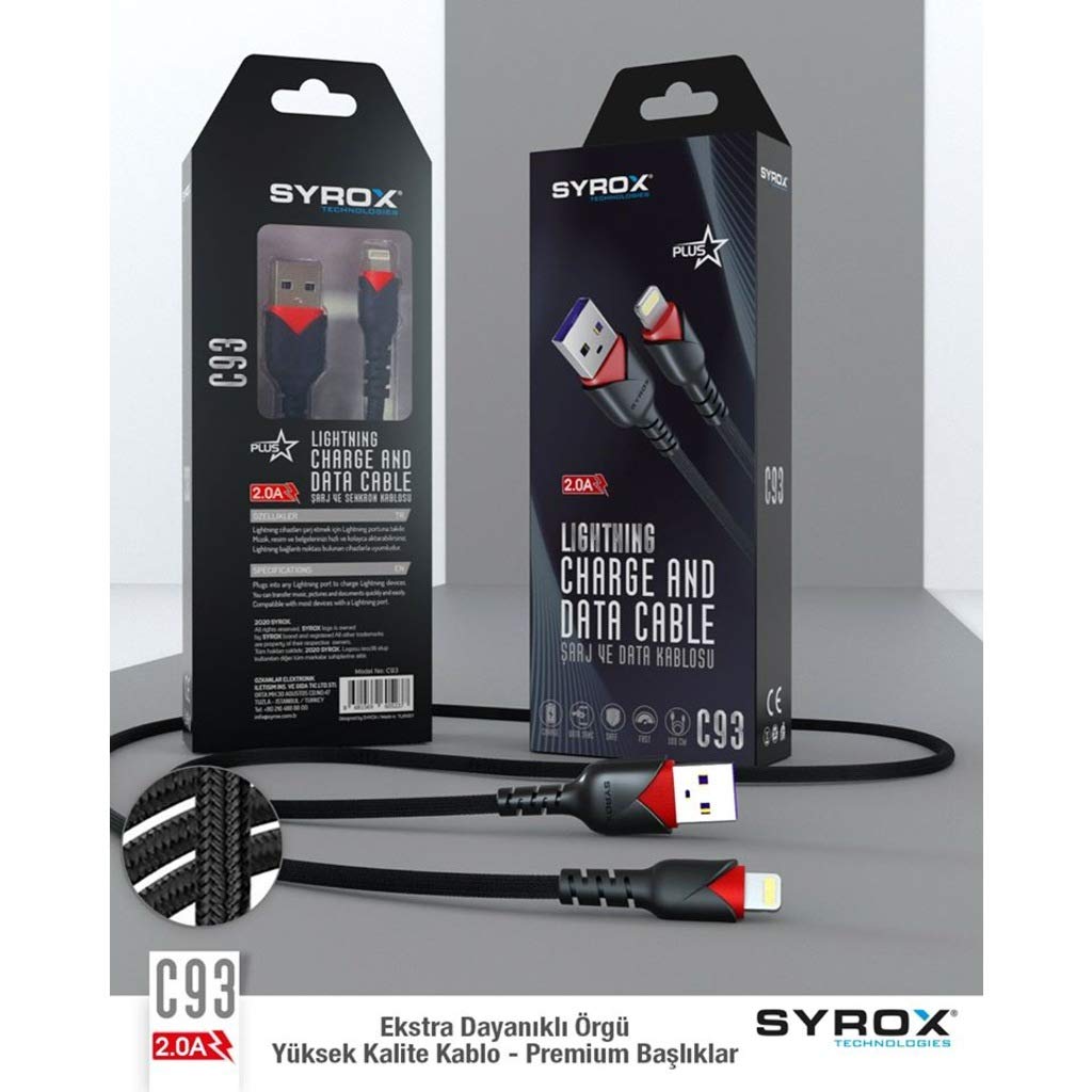 SYROX C93 2.0 MAH İPH 1 MT GÜL DESENLİ KABLO Araç Şarjı, Siyah