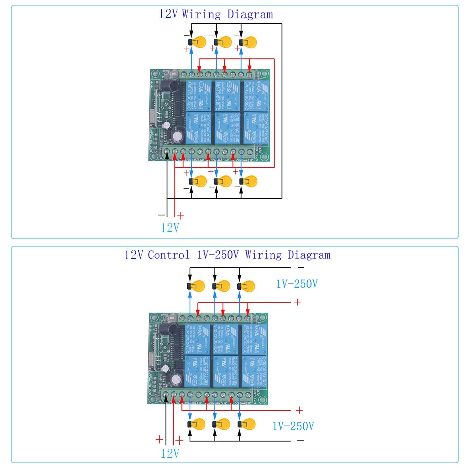 433mhz DC 12V 6 canaux Télécommande sans fil Commutateur de relais à distance 12v Émetteur et récepteur Contrôleur de fenêtre de porte de lumière de moteur universel (12V/ 2* Contrôle 433MHz)