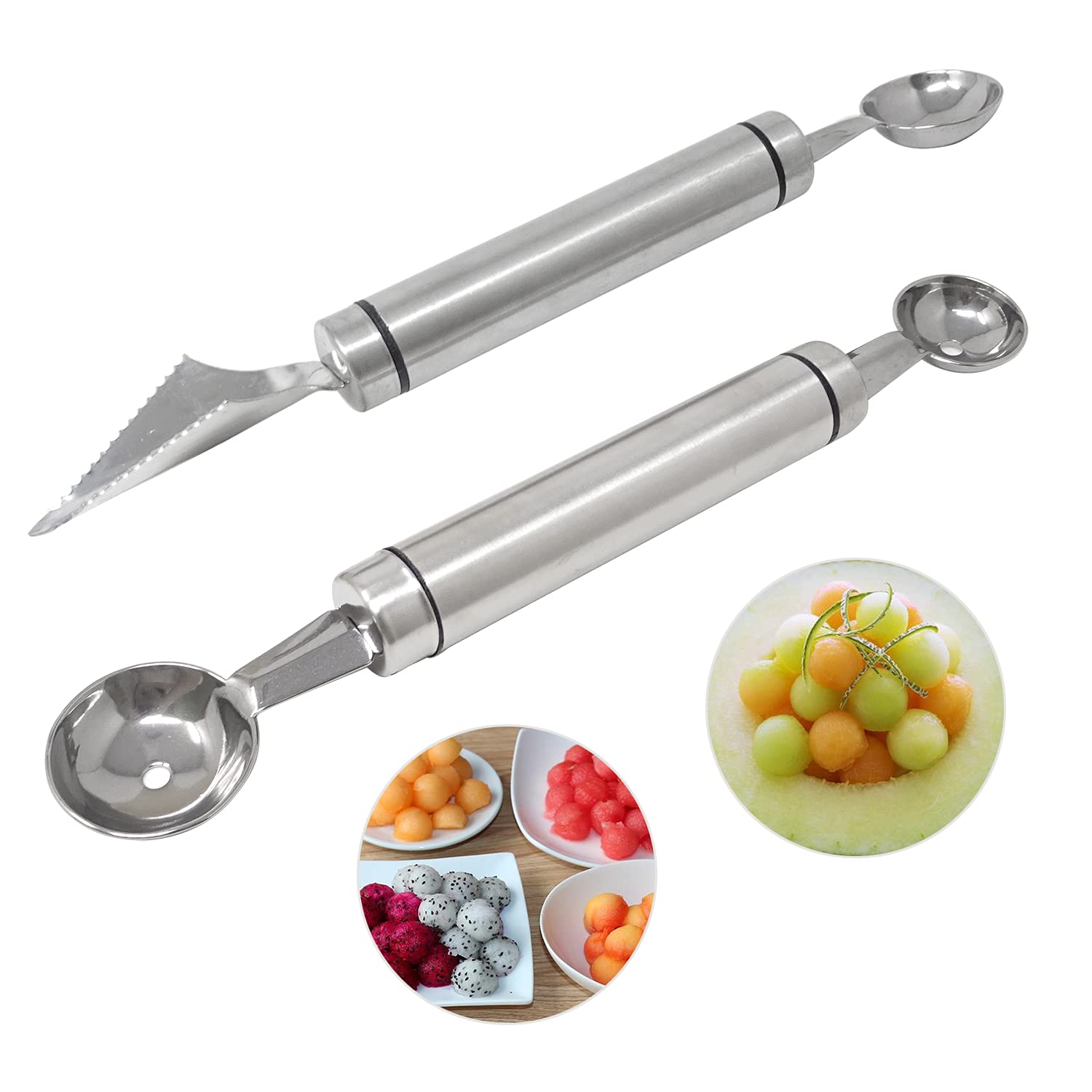 Honbay 2PCS Stainless Steel Double-Headed Melon Baller Scoop Fruit Carving Knife Dual-Purpose Cooking Spoon Kitchen Tools for Watermelon Cantaloupe Ice Cream Sorbet Dessert - Image 3