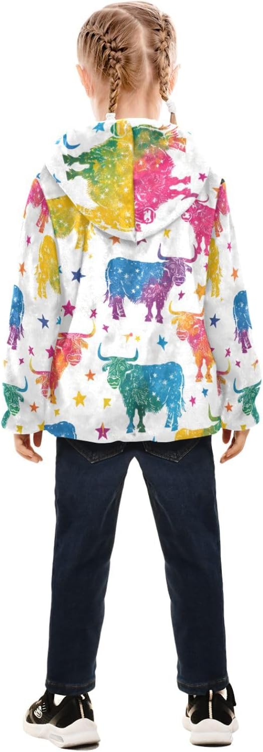 KLL Colorful Stars Highland Cow Toddler Fleece Zip Up Outerwear Jackets & Coats Pink Baby Zipper Hoodie