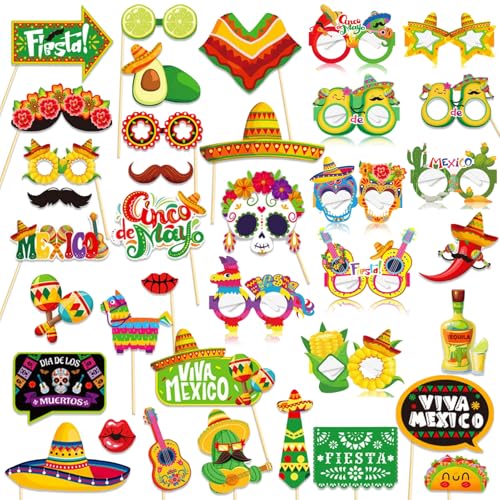 Qpout 34pcs Mexique Fiesta Photo Prop Carnaval Mexicain Fête Décoration Fournitures pour May Day Selfie Party Supplies Fiesta Photo Décoration Fête à Thème Mexicain