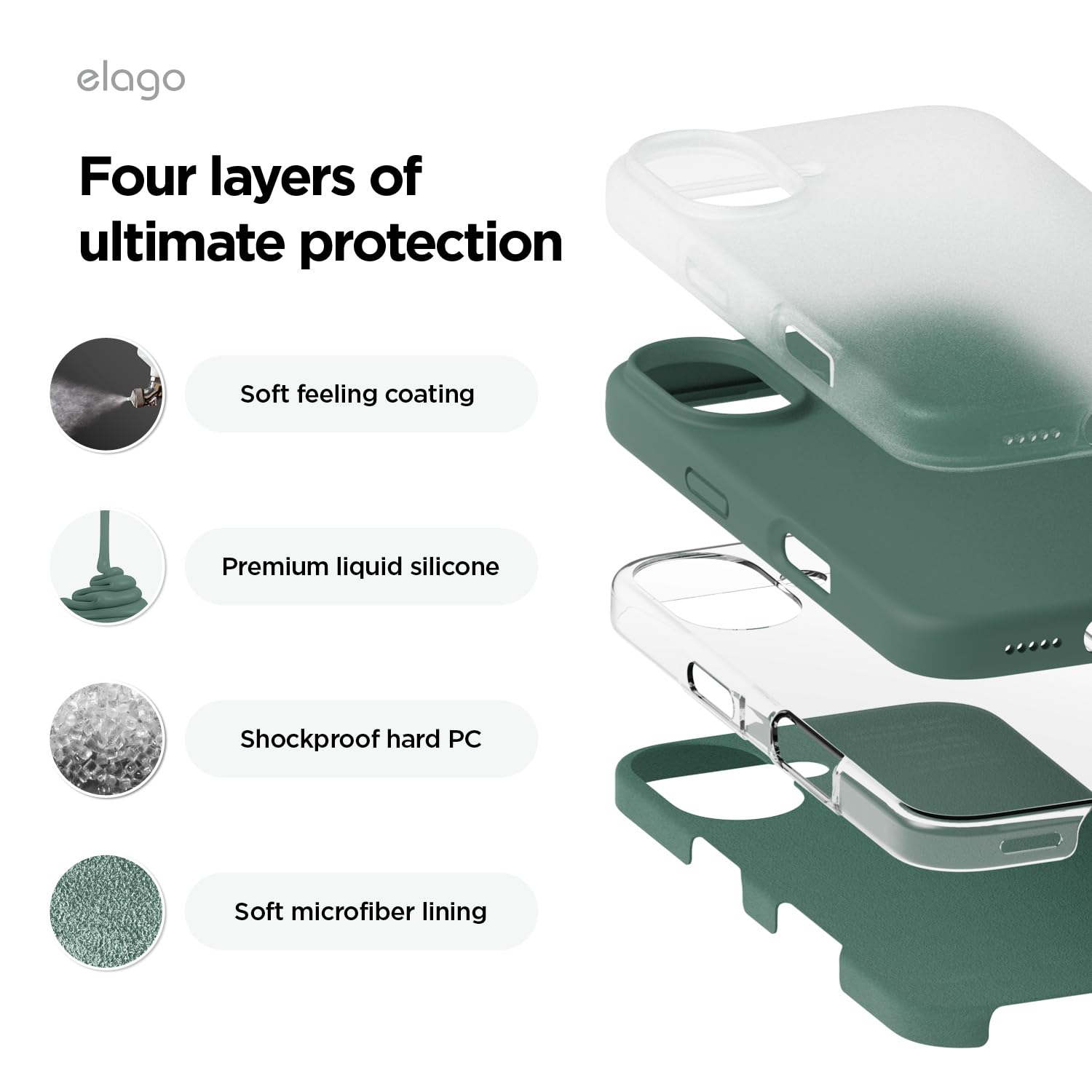 elago Cover Compatibile con iPhone 16 - Custodia in Silicone Liquido Premium, Protettiva Completa, Antiurto, Sottile, Fodera in Microfibra Antigraffio (Notte Verde)