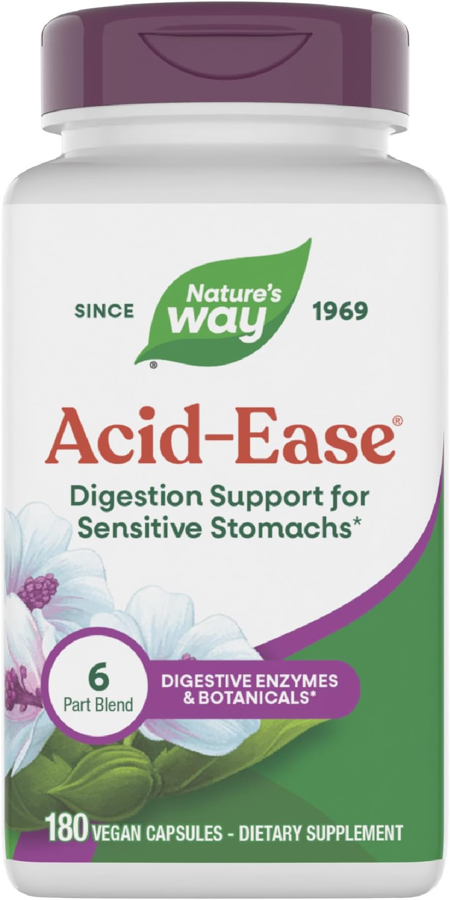 Nature's Way Acid Ease, Digestive Support Supplement for Sensitive Stomachs*, Marshmallow Root Extract, Slippery Elm Bark, Digestive Enzymes, 180 Vegan Capsules (Packaging May Vary)
