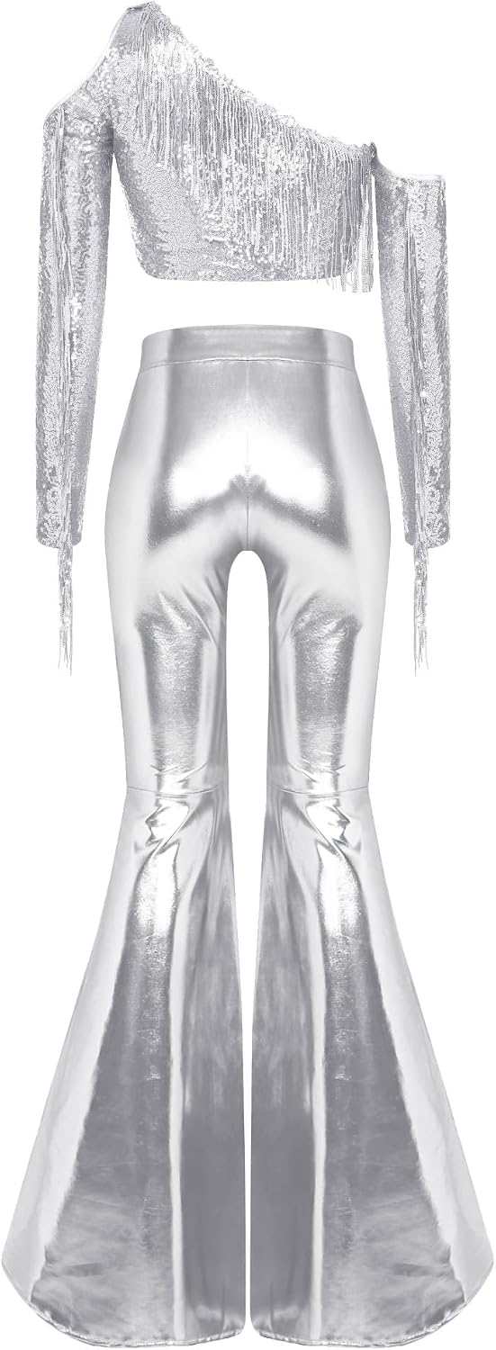 Women Dance Pants Disco Outfit Bell Bottoms Leggings Halloween Party Blouse Split Hem Rave Joggers Silver XX-Large