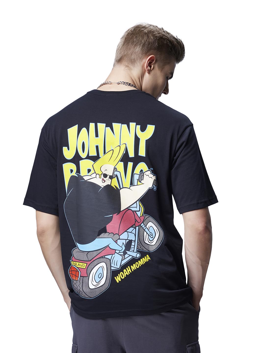 Official Cartoon Network Merchandise Johnny Bravo Men's 100% Cotton 220 GSM Graphic Print Oversized Fit Round Neck T-Shirt