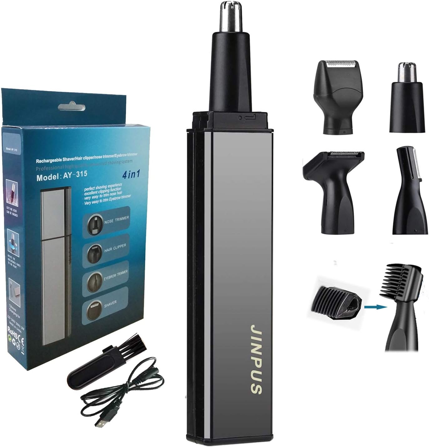 JINPUS Ear Nose Hair Trimmer for Men, 4 in 1 Facial Hair Trimmer USB Rechargeable Set for Nose/Ear Hair Eyebrow Sideburns and Beard Trimming, Waterproof Nose Ear Hair Clipper Grooming kit