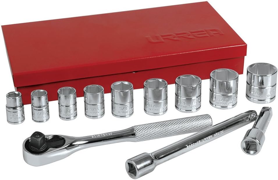 Urrea 52128 6 Point 3/8-Inch Drive Chrome Socket Set, 12-Piece
