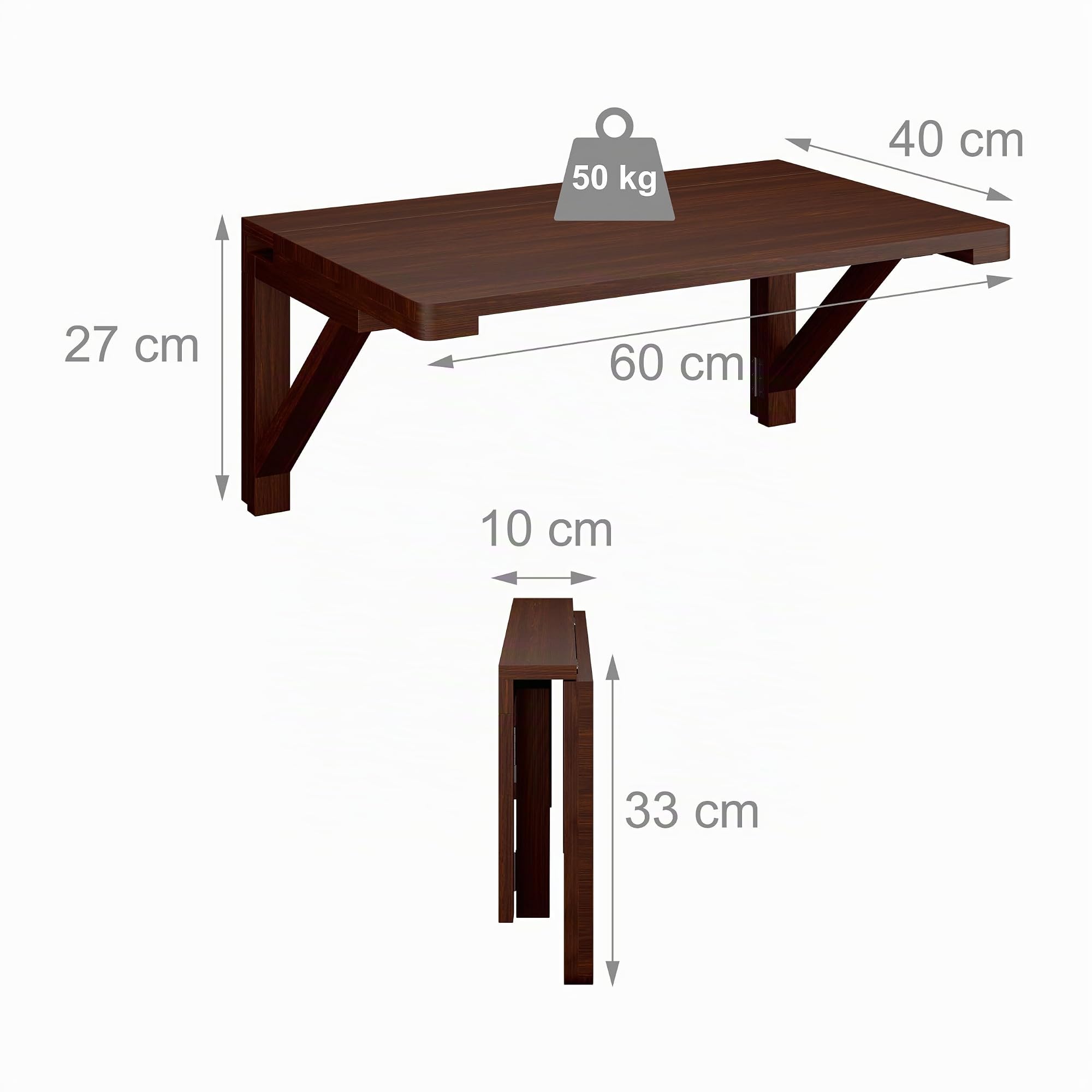 Relaxdays Tavolo a Scomparsa da Muro Cucina, Tavolino Pieghevole, Scrivania in Legno da Parete, LxP: 60x40 cm, Marrone