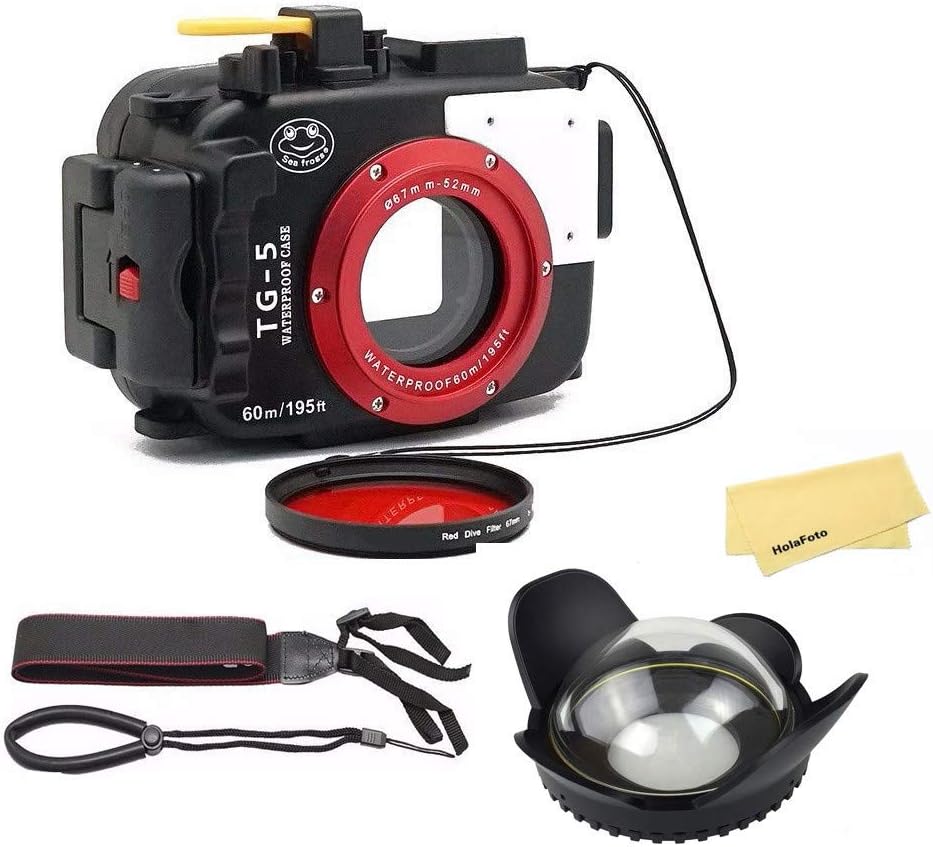 Seafrogs Waterproof case for Olympus TG-5, with Dome Port and Full Color Red Filter Kit, Underwater Camera Housing Case/ 60m/195ft, Apply to take Half Above Water Half Underwater Video/Pictures-Black