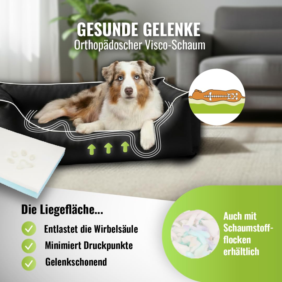 Cama para perros CopcoPet Rocco 2 en 1, impermeable y de piel sintética, con colchón de plástico para perros con espuma de copos o espuma viscoelástica ortopédica
