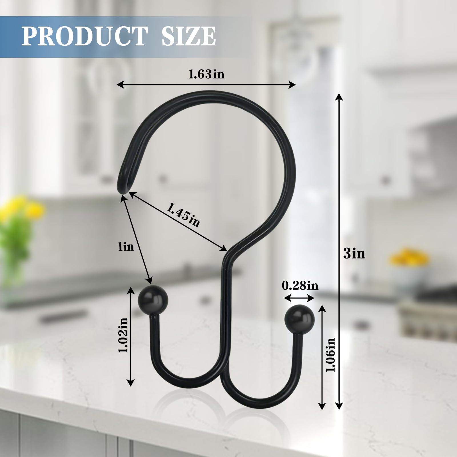 OEH - Ganci per tenda da doccia, ganci per tenda da doccia neri, antiruggine, doppi ganci decorativi per tenda da doccia, anelli da doccia anti-goccia per tende e fodere, nero, confezione da 12