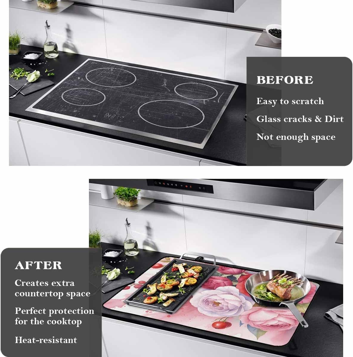 Stove Top Cover, Valentine's Day Abstract Watercolor Pink Red Roses Anti-Slip Heat Resistant Electric Stove Top Cover, Ceramic Glass Cooktop Protector Stove Covers for Flat Top Oven