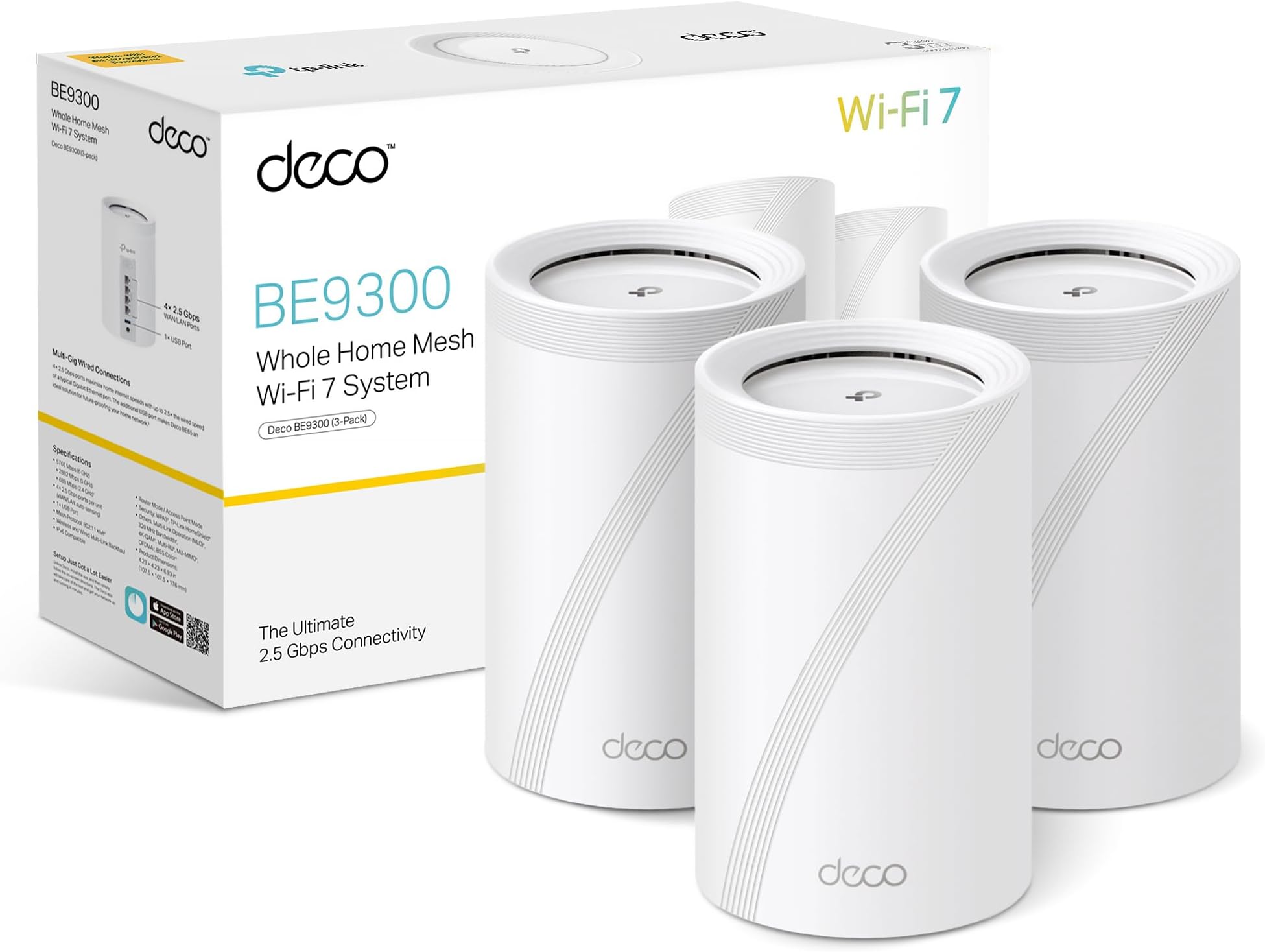 TP-Link Deco BE9300(3-pack) WiFi 7 BE9300Mbps Whole Home Mesh WiFi System, 2.5Gbps Ports, VPN Supported, Router & Extender Booster, AI-Driven Mesh, 6 GHz Band, Homeshield, Alexa & Google