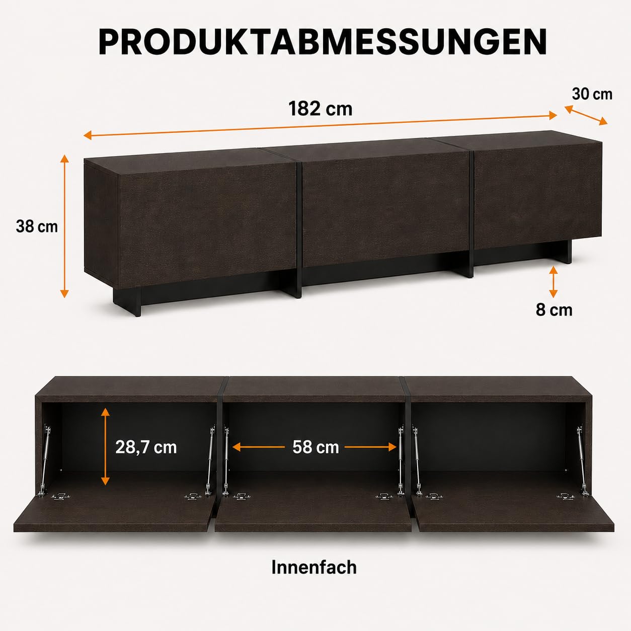 Lowboard Braun 180cm – TV-Schrank mit 3 Klappen & Metallrahmen, 38cm niedrig – Fernsehtisch als TV-Bank für Wohnzimmer & Schlafzimmer, 180×38×30cm
