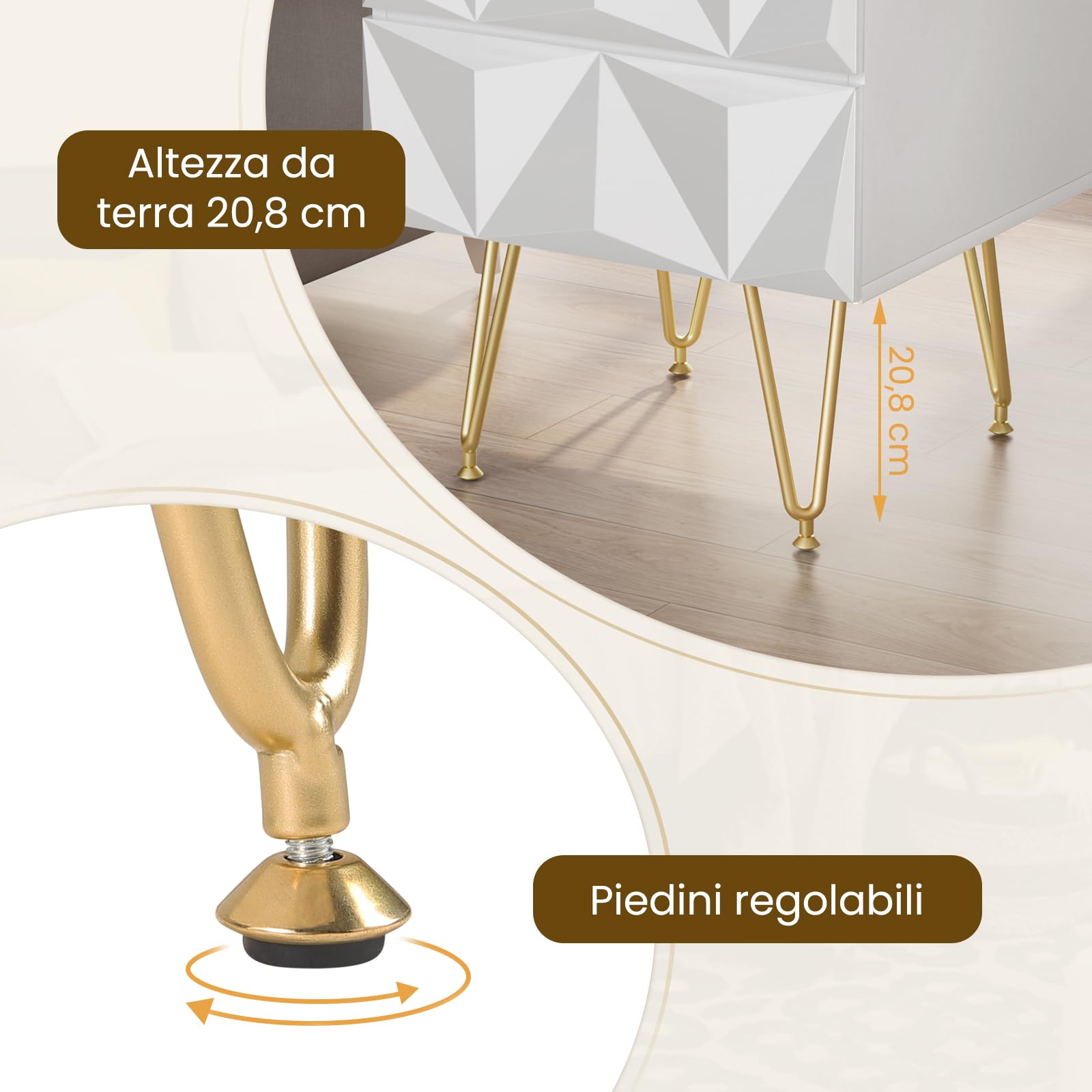 EUGAD Set di 2 Comodino per Camera da Letto, Comodino Bianco con 2 Cassetti e Gambe Dorate, 40x40x53cm, Tavolino da Salotto, Divano, Cameretta, Frontale in Rilievo, in Legno e Metallo, 0001CTG-2
