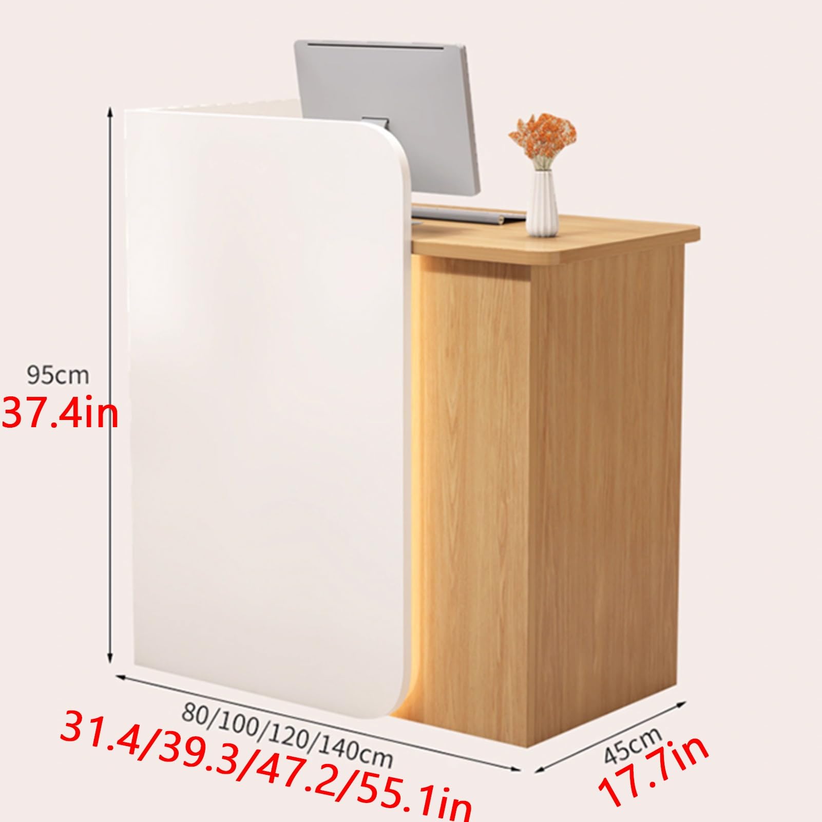 Weißer Empfangstisch mit abschließbarer Schublade und Fallschutz – kompakter 79,8 cm Kassentisch für Lobby, Geschäft oder Büro – stilvolle und sichere Empfangsmöbel