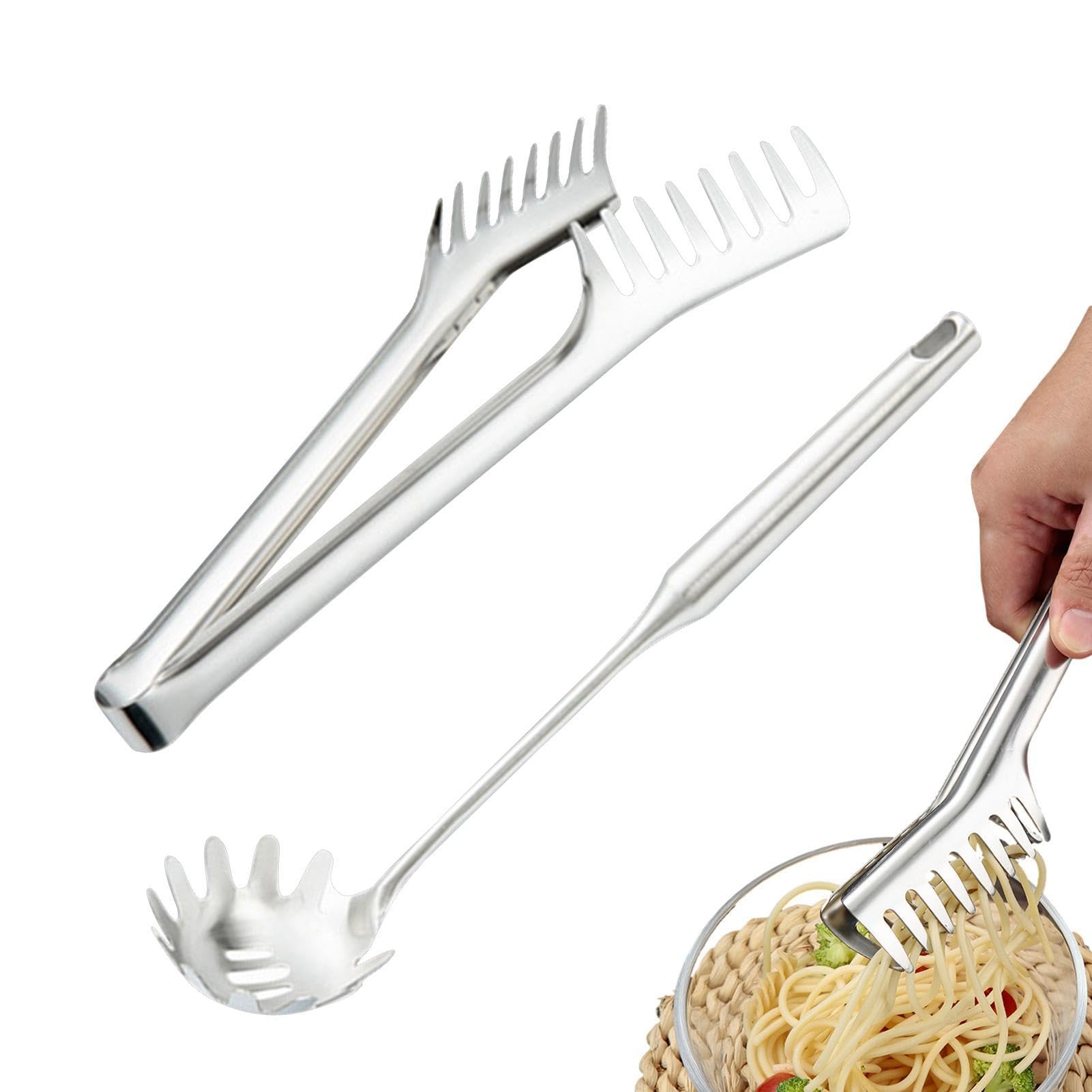Lot de 2 fourchettes à nouilles, cuillères à spaghetti et pince à pâtes – Couverts de service en acier inoxydable avec poignée confortable pour cuisiner des pâtes à spaghettis