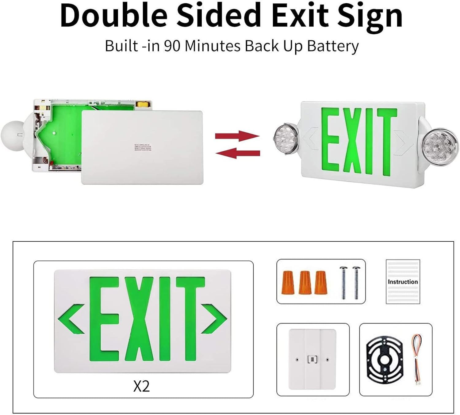 AKT LIGHTING LED Emergency Light & Exit Sign Combo, Green Exit Sign, UL Certified, Adjustable Lamps with Back-up Battery for Business (Green 12 pack)