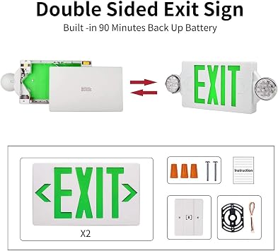 LED Emergency Light & Exit Sign Combo, Green Exit Sign, UL Certified, Adjustable Lamps with Back-up Battery for Business (Green 12 pack)