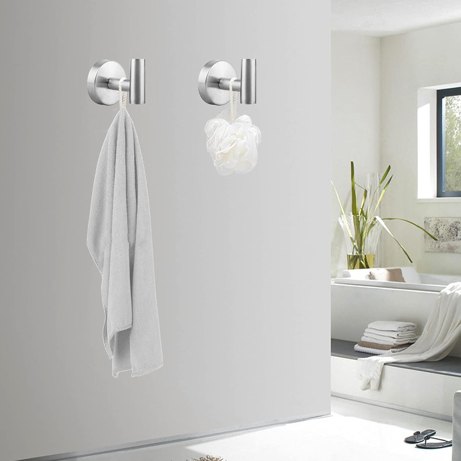 Kuhome 4 Pack Bathroom Hooks Kitchen Towel Hooks Coat Hooks SUS304 Stainless Steel Hooks for Towel Heavy Duty Clothes Wall Hooks for Kitchen Bedroom Garage Hotel Pool (Silver)