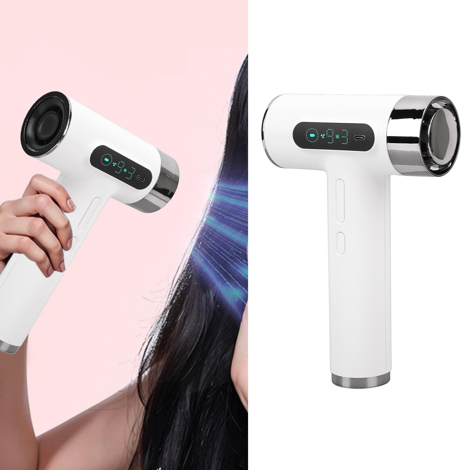 Haartrockner, 300 W, 100.000 U/min, Schnell Trocknender Tragbarer Föhn mit 9 Windgeschwindigkeiten und 3 Einstellbaren Temperaturen, LED-Anzeige, Wiederaufladbar über USB,