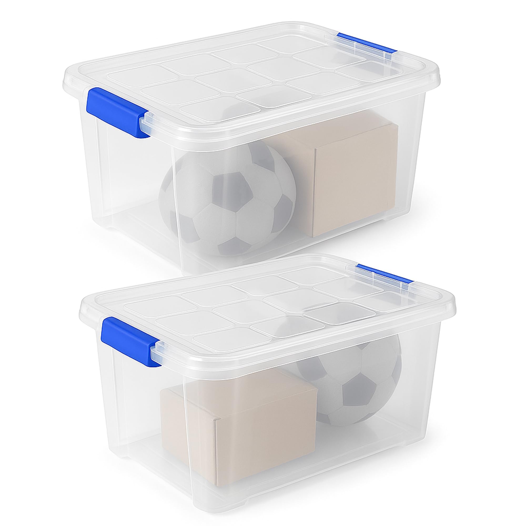 ForenTex Caja Almacenaje Plástico 25L con Tapa y Cierres (N2, 2 Ud) – Transparente, Apilable, para Zapatos, Libros, Juguetes y Utensilios de Cocina