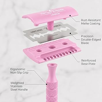 Safety Razor Women - Eco-Friendly Single Blade Reusable Shaver - Stainless Steel Metal with Ergonomic Grip Design - Bevel Razor by VINTAGE BARBER LONDON