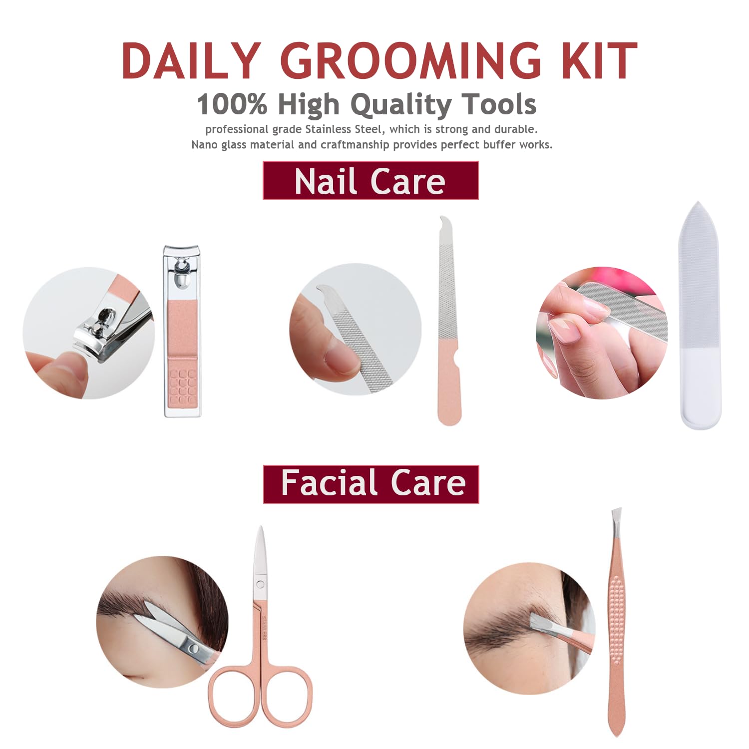 Kit de manucure et pédicure 5 pièces en acier inoxydable - Kit de manucure professionnel - Outils de soin des ongles - Avec étui de voyage en cuir luxueux pour homme et femme - Or rose