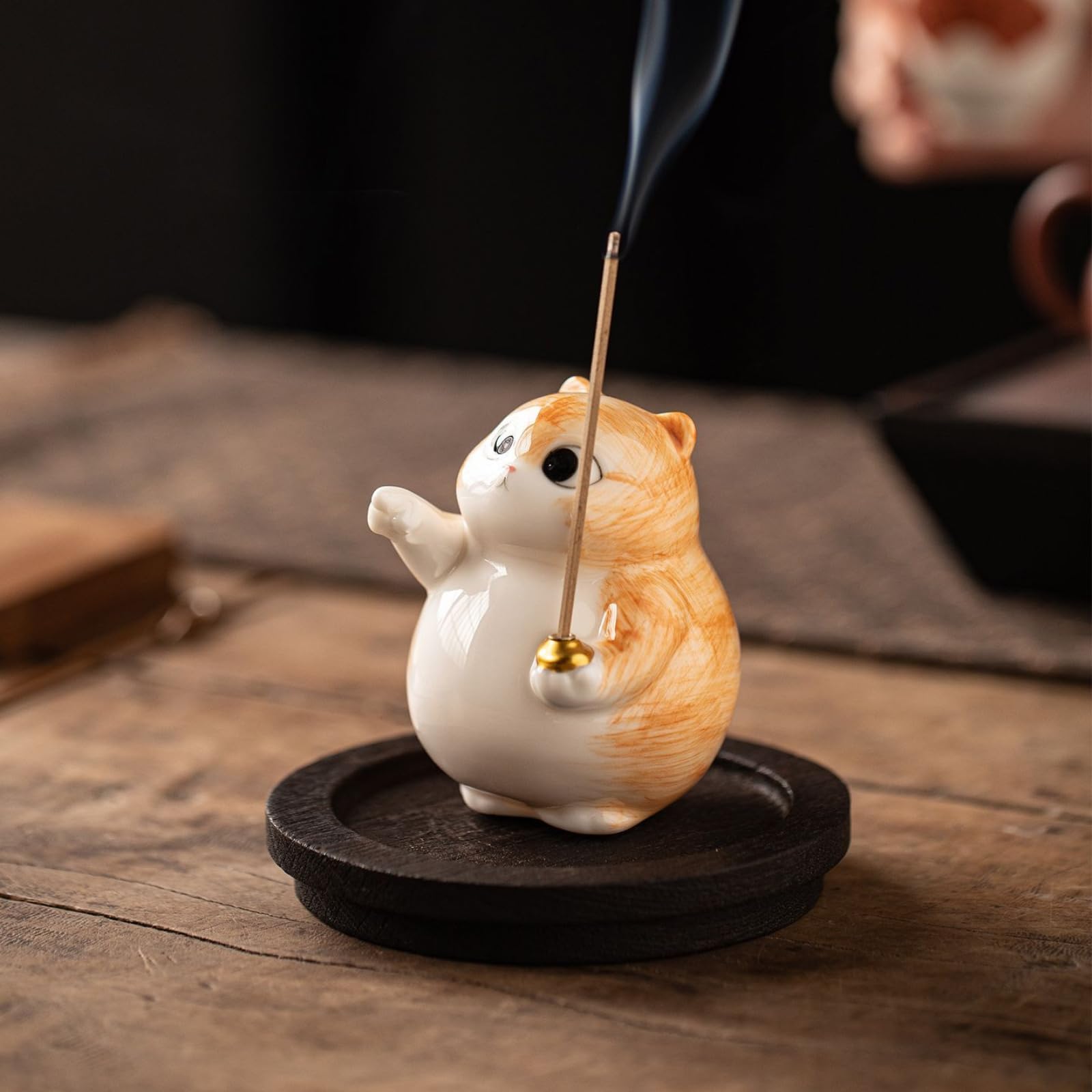 Pomarańczowy kot ceramiczny kadzidełko ozdoba, 11,2 cm 11,4 cm, domowe domowe kadzidło do herbaciarni