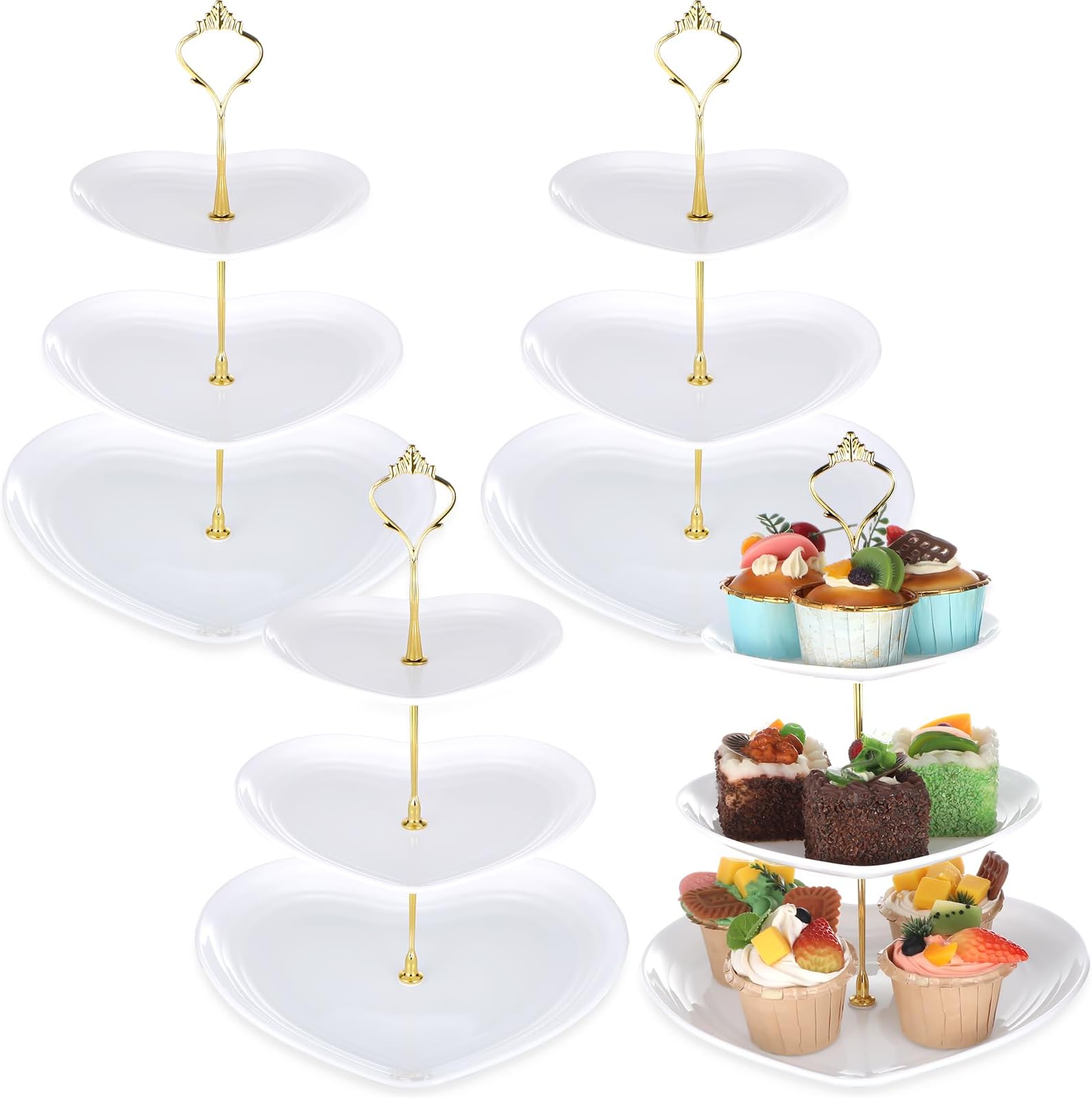 Layhit 4 Pack Valentine's Day 3 Tier Cupcake Stand Heart Shaped Serving Trays for Party Plastic Dessert Cupcake Stand for Tea Party Baby Shower Wedding(White)
