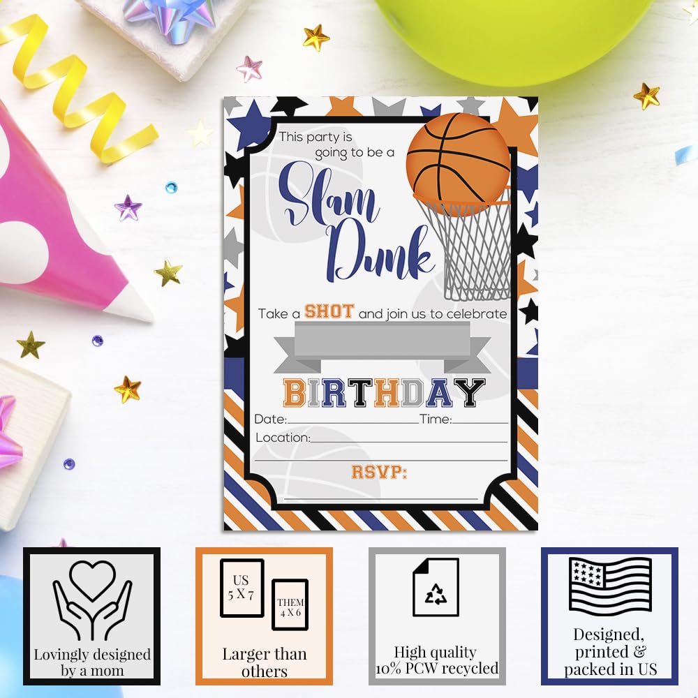 Slam Dunk Basketball Mottoparty Einladungen - 20 Karten Zum Ausfüllen Mit Umschlägen