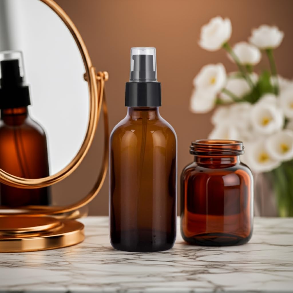 JUVITUS 4 oz Amber Glass Boston Round Bottle with Black Treatment Pump (12 pack) + Funnel